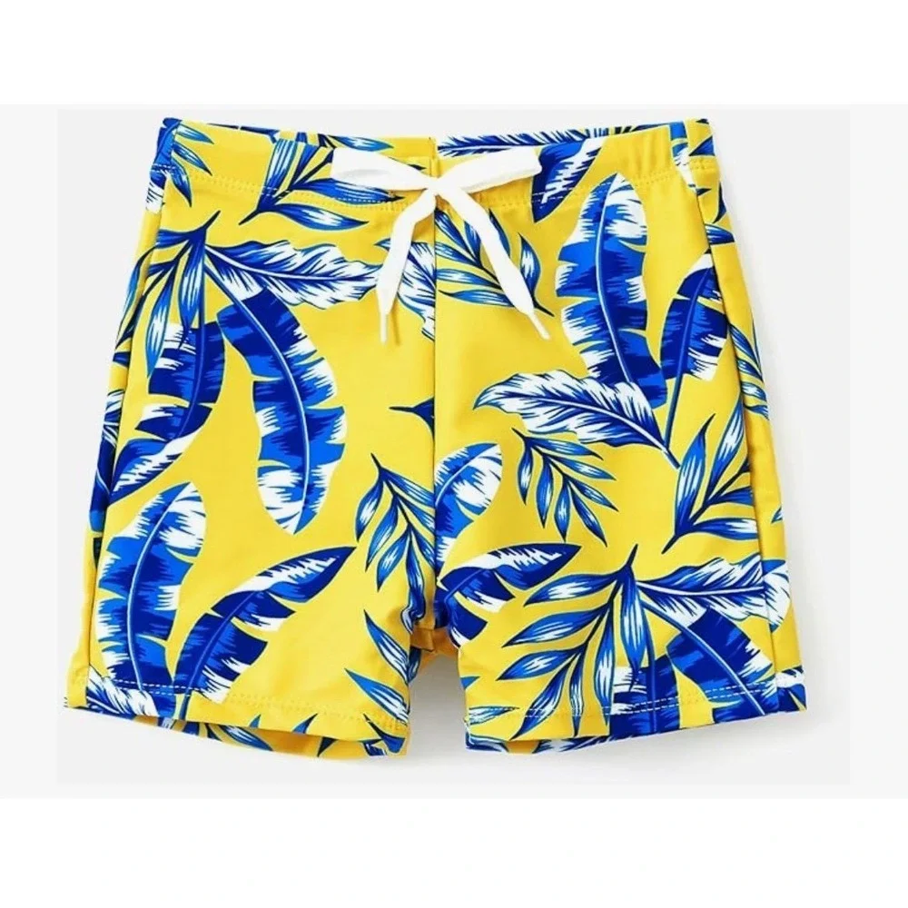 Men's Large Yellow Blue Tropical Leaf Swim Trunks Elastic Drawstring‎ Pockets